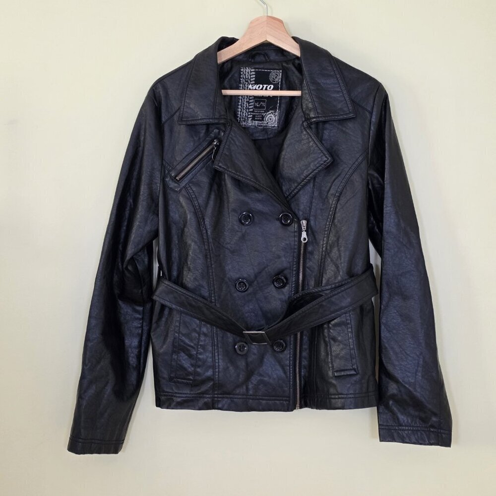 Moto Gear Jacket Womens XL Black Full Zip Buttons Pockets Faux Leathe Biker Moto